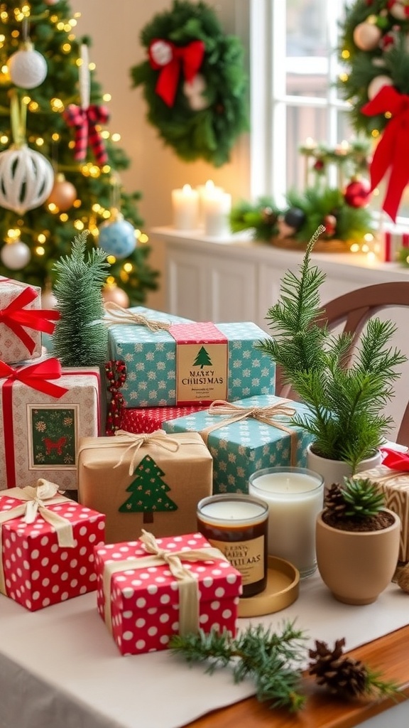 Affordable Christmas Wishlist Ideas A collection of budget-friendly Christmas gifts including ornaments, candles, and plants on a decorated table.